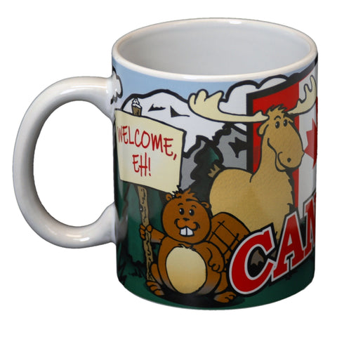 Canada Cartoon Mug 89988JE Fun Canada Souvenir Gifts Coffee Tea Mug Featuring Beaver Moose Canadian Emblems 11-Ounce Capacity