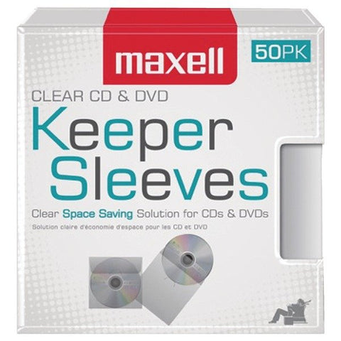 Maxell 190150 CD/DVD Plastic Keeper Sleeves, 50 Pack, Clear