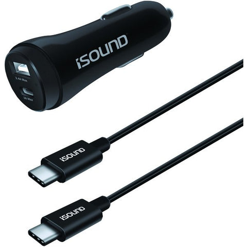 i.Sound ISOUND-6102 Dual-Port USB Car Charger with 6 Ft. USB-C to USB-C Cable