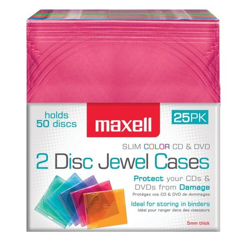 Maxell 190131OD CD/DVD Slim Plastic 2-Disc Jewel Cases, 25 Pack Holds 50 Discs, Assorted Colors