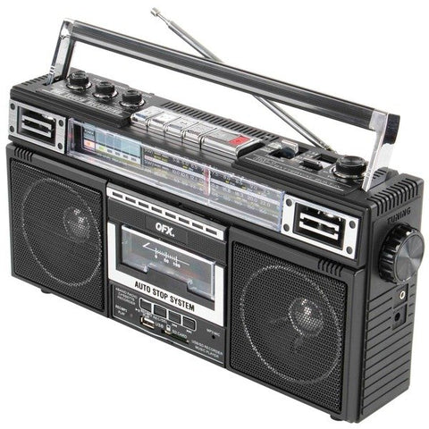 QFX J-220BT J-220BT 9-Watt Retro-Style Portable Cassette Player Boombox with 4-Band Radio, MP3 Converter, and Bluetooth