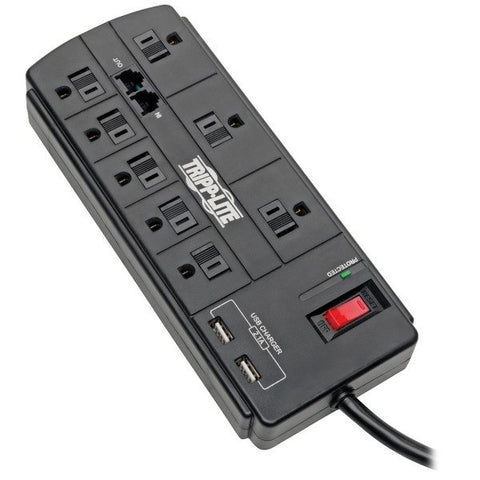 Tripp Lite TLP88TUSBB Protect It! 8-Outlet Surge Protector with 2 USB Ports, 8ft Cord (Telephone/Modem)