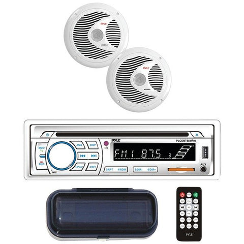 Pyle PLCDBT65MRW Marine Stereo Head Unit, Single-DIN CD AM/FM Receiver with Two 6.5-In. Speakers, Splashproof Radio Cover, and Bluetooth (White)