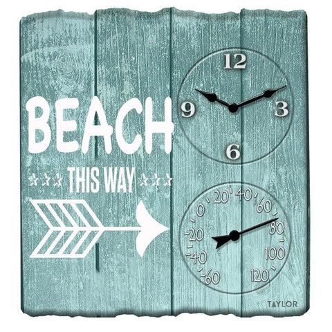 Taylor Precision Products 92685T 14-In. x 14-In. Clock with Thermometer (Beach This Way)