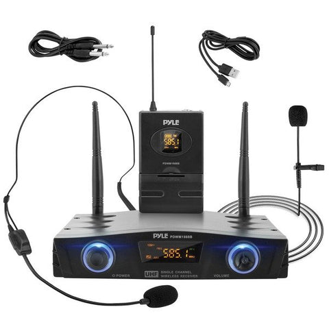 Pyle PDWM1988B Compact UHF Pro Wireless Microphone System with Headset and Lavalier Microphones and Belt-Pack Transmitter
