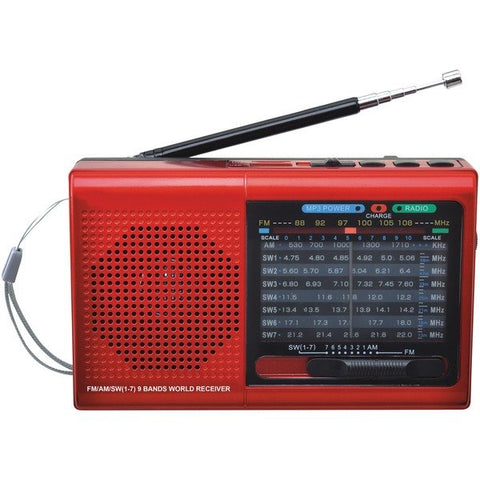 Supersonic SC-1080BT- RED 9-Band Rechargeable Radio with Bluetooth and USB/microSD Card Input, SC-1080BT (Red)