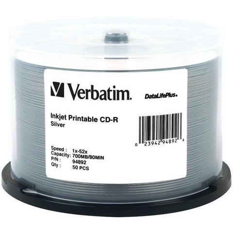 Verbatim 94892 80-Minute/700MB 52x DataLifePlus Silver Inkjet Printable CD-Rs, 50-ct Spindle