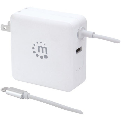 Manhattan 180245 60-Watt Power Delivery Wall Charger with Built-in USB-C Cable (White)