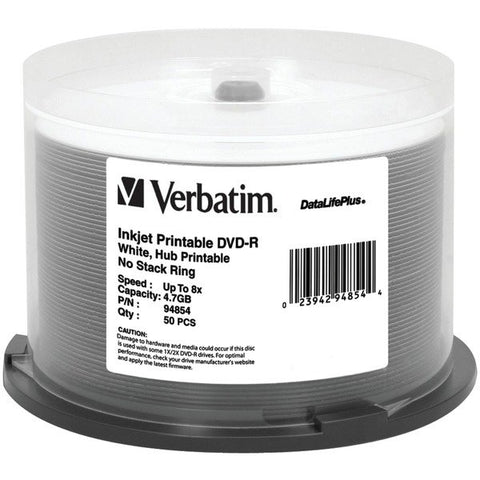 Verbatim 94854 4.7GB 8x DataLifePlus White Inkjet Printable/Hub Printable DVD-Rs, 50-ct Spindle